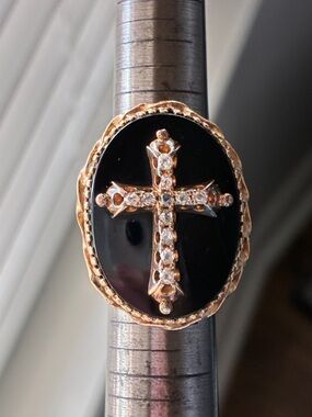 SALE. 14k Gold Diamond Cross Ring with Black Onyx